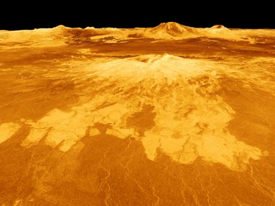 Computer-generated view of the surface of the planet Venus dominated by the volcano Sapas Mons. Lava flows extend for hundreds of kilometers across the fractured plains shown in the foreground by National Aeronautics and Space Administration National Aeronautics and Space Administration
